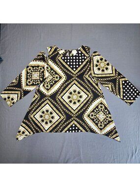 Chicos 1 Medium Top Black/Gold Chain Link Asymmetrical Long Sleeve Cold Shoulder